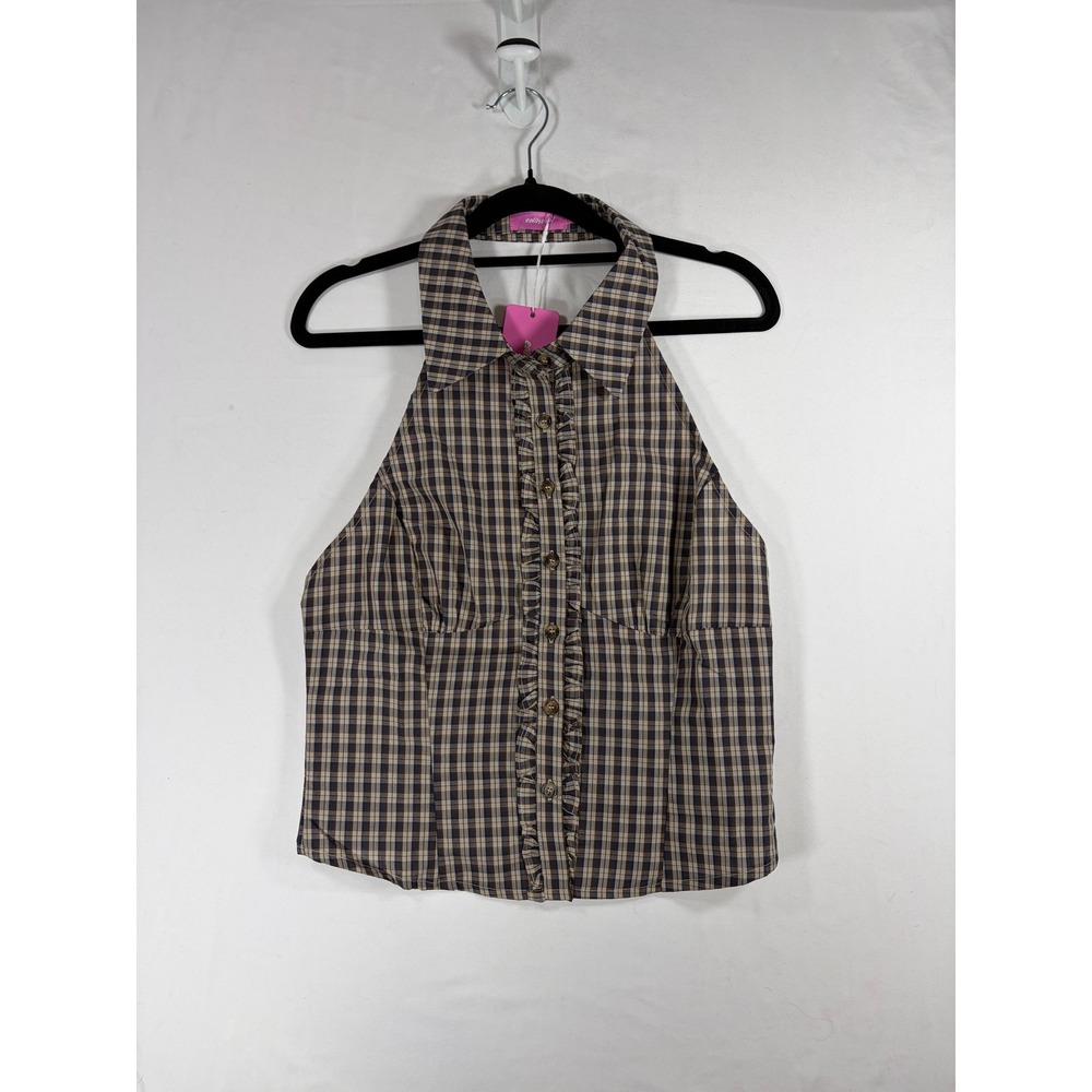 Edikted Halter Top Women Size M Brown New Plaid Ruffle Button Up Y2K S21308